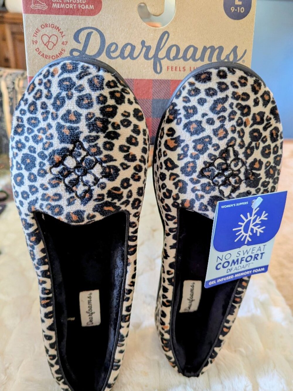 Dearfoams No Sweat Memory Foam Gel Infused Slippers Leopard Size L 9/10 New
